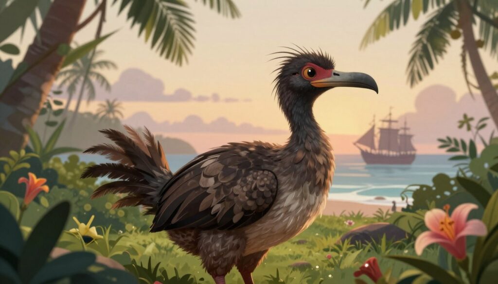 A detailed illustration of the extinct dodo bird, prominently positioned in the foreground, showcasing its distinctive features such as a large beak and tufted tail feathers. Surround the dodo with elements representing its natural habitat, like lush green foliage and tropical flowers, symbolizing the untouched nature before human impact. In the middle ground, include faint silhouettes of early colonial ships on a distant shore, suggesting the arrival of humans. The background should feature a soft, hazy sky with the warm glow of dawn, evoking a sense of loss and nostalgia. Use soft, diffused lighting to create a serene yet somber atmosphere, capturing the tragic narrative of the dodo's extinction during colonization. The scene should be rich in color and texture, inviting viewers to reflect on the delicate balance between nature and human expansion.