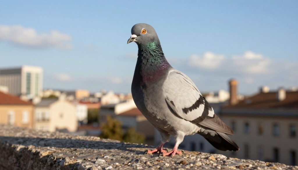 A detailed image of a rock dove (gołąb skalny), perched on a rocky ledge in an urban environment, showcasing its distinctive features such as iridescent neck feathers and a sleek body. In the foreground, the dove should be clearly visible, with its unique coloring of gray, white, and black. In the middle ground, a blurred cityscape can be seen, highlighting contrasting elements like modern buildings and ancient structures that mimic the bird's natural habitat. The background should feature a clear blue sky with soft clouds, with natural lighting illuminating the scene from a late afternoon sun, creating warm shadows. The atmosphere should evoke a sense of resilience and adaptability, illustrating the dove's ability to thrive in urban life.