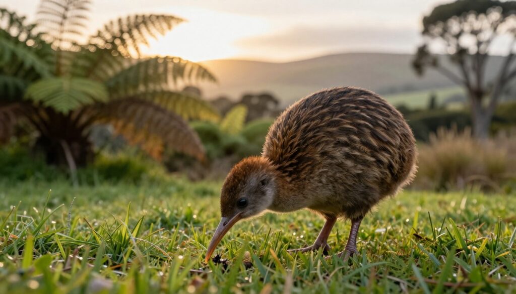 A detailed portrait of a New Zealand kiwi bird, emphasizing its unique features such as its small size, long beak, and brown, shaggy feathers. In the foreground, position the kiwi standing on lush green grass, foraging for insects. The middle ground should feature native New Zealand foliage, including ferns and native trees, creating a natural habitat feel. In the background, hint at a soft, misty landscape of New Zealand's rolling hills under a gentle sunrise, casting a warm, golden light on the scene. The atmosphere is tranquil and serene, showcasing the kiwi as a symbol of its homeland, conveying its charm and uniqueness. Use a shallow depth of field to focus on the kiwi while softly blurring the background. A detailed portrait of a New Zealand kiwi bird, emphasizing its unique features such as its small size, long beak, and brown, shaggy feathers. In the foreground, position the kiwi standing on lush green grass, foraging for insects. The middle ground should feature native New Zealand foliage, including ferns and native trees, creating a natural habitat feel. In the background, hint at a soft, misty landscape of New Zealand's rolling hills under a gentle sunrise, casting a warm, golden light on the scene. The atmosphere is tranquil and serene, showcasing the kiwi as a symbol of its homeland, conveying its charm and uniqueness. Use a shallow depth of field to focus on the kiwi while softly blurring the background.