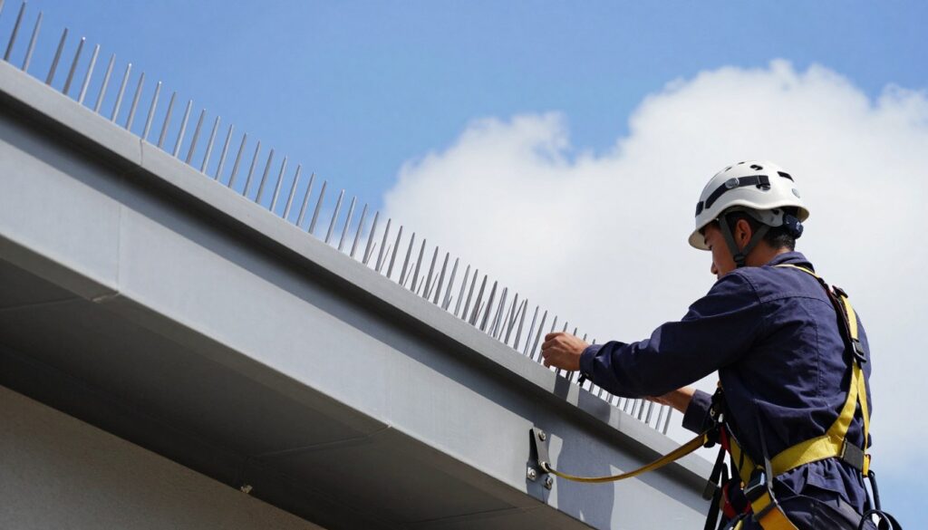 A detailed scene capturing the installation of bird spikes on the edge of a modern building. In the foreground, a technician wearing a hard hat and safety harness is carefully positioning the spikes, showcasing attention to safety protocols. The middle ground features a series of bird spikes aligned neatly along the rooftop, glimmering under natural sunlight. In the background, a bright blue sky with a few fluffy clouds creates a clear and serene atmosphere, enhancing the focus on the task at hand. The overall mood conveys professionalism and responsibility, highlighting the effective methods of preventing bird perching while ensuring their safety. The image is well-lit, with a focus on vivid colors and crisp details, taken from a slightly elevated angle to provide a comprehensive view of the installation process. A detailed scene capturing the installation of bird spikes on the edge of a modern building. In the foreground, a technician wearing a hard hat and safety harness is carefully positioning the spikes, showcasing attention to safety protocols. The middle ground features a series of bird spikes aligned neatly along the rooftop, glimmering under natural sunlight. In the background, a bright blue sky with a few fluffy clouds creates a clear and serene atmosphere, enhancing the focus on the task at hand. The overall mood conveys professionalism and responsibility, highlighting the effective methods of preventing bird perching while ensuring their safety. The image is well-lit, with a focus on vivid colors and crisp details, taken from a slightly elevated angle to provide a comprehensive view of the installation process.
