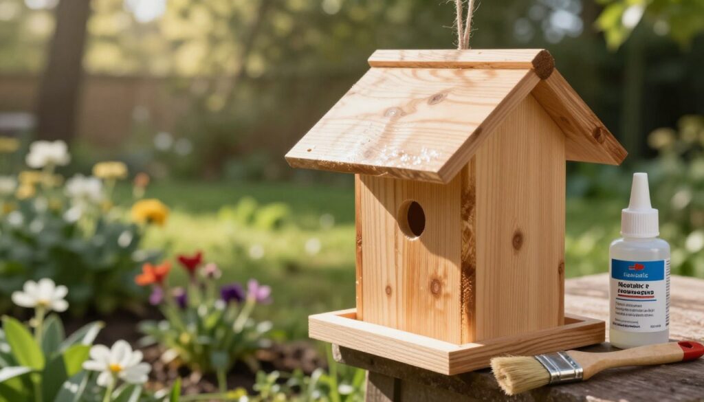 A detailed scene focusing on the impregnation process of wood for a bird feeder. In the foreground, showcase a wooden bird feeder, partially coated with a protective finish, emphasizing the texture and sheen of the wood grain. Include a paintbrush and a container of non-toxic wood preservative beside it, highlighting the tools for the process. In the middle ground, display natural elements such as a small garden with flowers and greenery, creating a safe and inviting habitat for birds. In the background, soft sunlight filters through the trees, casting gentle shadows for a serene atmosphere. The overall mood should be one of care and protection for the environment, designed for the safety of birds. Use a warm color palette to evoke a sense of tranquility and harmony with nature.