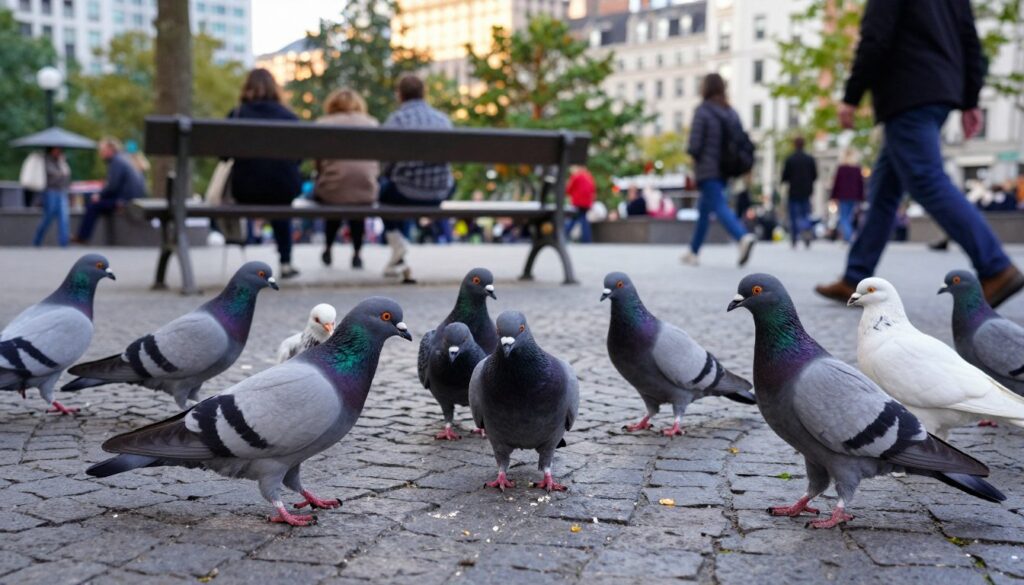A detailed scene of city pigeons in an urban environment, capturing the essence of their life. In the foreground, a group of grey and white pigeons pecking at breadcrumbs on a cobblestone street, their feathers slightly ruffled. In the middle ground, a park bench with a few unoccupied spots, showcasing the busy city life with blurred pedestrians walking by, emphasizing their interaction with the environment. The background features a mix of modern buildings and leafy trees, under a soft, natural light that suggests late afternoon. The atmosphere is lively yet serene, highlighting the contrast between the hustle of city life and the calm behavior of the pigeons, evoking curiosity about their average lifespan in urban settings.