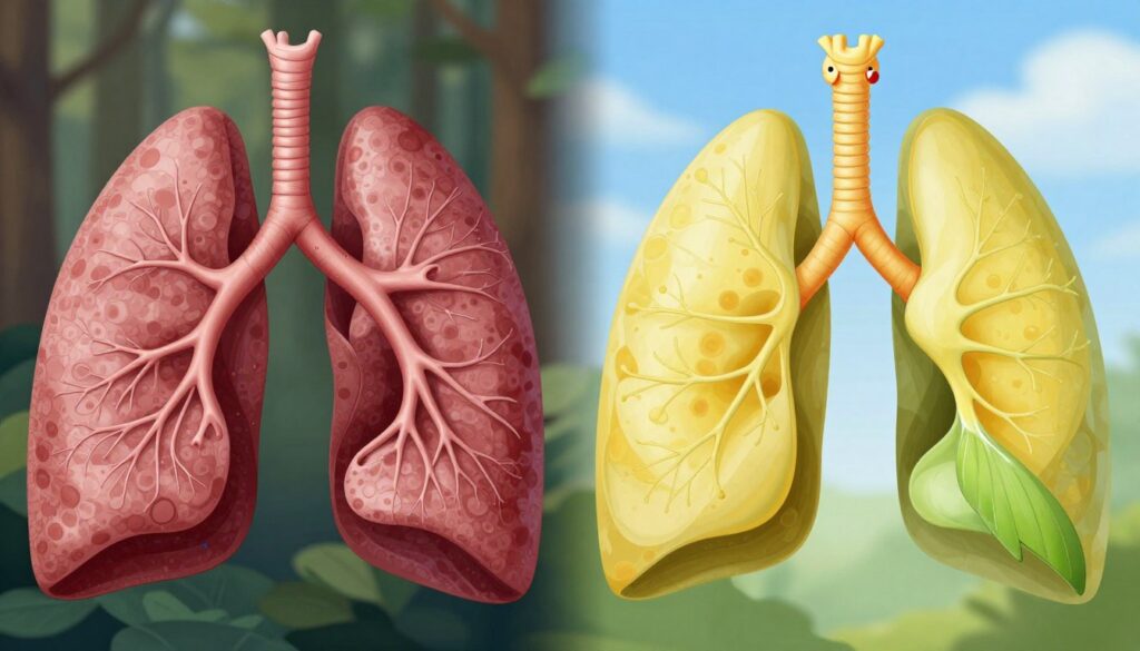 A detailed split-image comparison illustrating the lungs of mammals versus the lungs of birds. On the left side, showcase a realistic depiction of mammalian lungs, emphasizing the complexity of alveoli and blood vessels, with exquisite detail in textures and colors—dark reds and pinks. On the right side, contrast with the unique structure of avian lungs, highlighting the air sacs and the streamlined form, depicted in vibrant shades of yellow and green. The background should subtly transition from a natural habitat, such as a forest or a clear sky, enhancing the focus on the lungs. Soft, natural lighting should illuminate both sides, creating an informative and engaging atmosphere. Aim for a clear, scientifically accurate representation that draws attention while remaining visually harmonious. A detailed split-image comparison illustrating the lungs of mammals versus the lungs of birds. On the left side, showcase a realistic depiction of mammalian lungs, emphasizing the complexity of alveoli and blood vessels, with exquisite detail in textures and colors—dark reds and pinks. On the right side, contrast with the unique structure of avian lungs, highlighting the air sacs and the streamlined form, depicted in vibrant shades of yellow and green. The background should subtly transition from a natural habitat, such as a forest or a clear sky, enhancing the focus on the lungs. Soft, natural lighting should illuminate both sides, creating an informative and engaging atmosphere. Aim for a clear, scientifically accurate representation that draws attention while remaining visually harmonious.