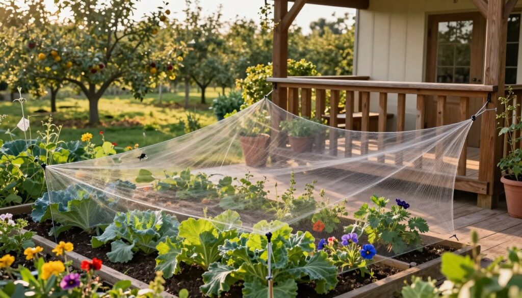 A detailed view of a garden patio featuring a bird netting installation designed to protect plants. In the foreground, the netting is delicately stretched over a flourishing vegetable garden, showcasing vibrant green leaves and colorful flowers. The middle ground displays a rustic wooden balcony with pots of herbs, surrounded by lush greenery. In the background, a soft-focus scene of a sunlit orchard with fruit trees adds depth. The lighting is warm and inviting, mimicking the golden glow of late afternoon sun, enhancing the serene atmosphere. The angle is slightly elevated, providing a comprehensive view of the bird protection setup. The image conveys a sense of harmony between nature and human intervention, advocating for effective bird protection methods. A detailed view of a garden patio featuring a bird netting installation designed to protect plants. In the foreground, the netting is delicately stretched over a flourishing vegetable garden, showcasing vibrant green leaves and colorful flowers. The middle ground displays a rustic wooden balcony with pots of herbs, surrounded by lush greenery. In the background, a soft-focus scene of a sunlit orchard with fruit trees adds depth. The lighting is warm and inviting, mimicking the golden glow of late afternoon sun, enhancing the serene atmosphere. The angle is slightly elevated, providing a comprehensive view of the bird protection setup. The image conveys a sense of harmony between nature and human intervention, advocating for effective bird protection methods.