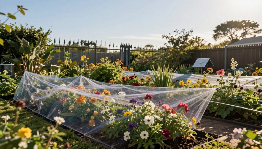 A detailed view of a garden with various types of physical bird deterrents, such as mesh nets and spikes, strategically placed among vibrant flowers and shrubs. In the foreground, a shiny, translucent bird net stretches across a blooming flower bed to prevent birds from accessing the plants. The middle ground features decorative spikes atop a fence, creating a visual barrier. The background includes a clear blue sky and distant tree silhouettes, emphasizing the outdoor setting. Soft, warm sunlight filters through the foliage, casting gentle shadows on the ground, creating a serene yet functional atmosphere. The overall mood is peaceful and protective, highlighting effective, humane pest deterrent methods. A detailed view of a garden with various types of physical bird deterrents, such as mesh nets and spikes, strategically placed among vibrant flowers and shrubs. In the foreground, a shiny, translucent bird net stretches across a blooming flower bed to prevent birds from accessing the plants. The middle ground features decorative spikes atop a fence, creating a visual barrier. The background includes a clear blue sky and distant tree silhouettes, emphasizing the outdoor setting. Soft, warm sunlight filters through the foliage, casting gentle shadows on the ground, creating a serene yet functional atmosphere. The overall mood is peaceful and protective, highlighting effective, humane pest deterrent methods.