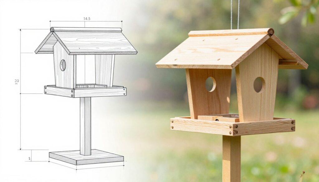 A detailed, visually appealing blueprint of a bird feeder, showcasing recommended dimensions for the base, posts, and roof. The foreground features clear measurements on the feeder parts, with a close-up view of a wooden base, sturdy posts, and an angled roof. In the middle ground, include a partially assembled bird feeder design in natural wood tones, emphasizing safety and comfort for birds. The background should be a serene outdoor setting with soft natural lighting, a gentle bokeh effect showcasing subtle greenery and blurred trees, creating a tranquil and inviting atmosphere. The angle should be slightly elevated, providing a comprehensive overview while ensuring clarity of the feeder's proportions.