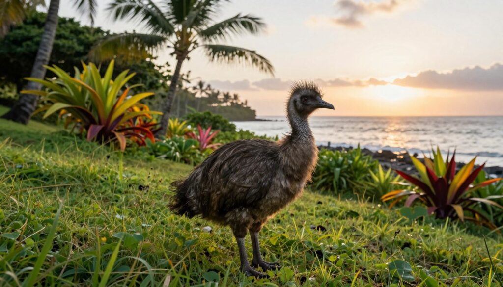 A dodo bird standing gracefully on a lush, green hillside of Mauritius, surrounded by vibrant tropical flora. In the foreground, the dodo, with its distinctive stout body, tufted tail, and large beak, is depicted in realistic detail, showcasing its muted grey and brown feathers. The middle ground features palm trees and exotic plants that highlight the bird's natural habitat, while in the background, a serene ocean glimmers under a soft, warm sunset, casting gentle light across the scene. The atmosphere is tranquil and nostalgic, evoking a sense of lost beauty. The composition is framed with a slightly tilted angle, mimicking a photographer’s perspective, enhancing the depth of the setting.