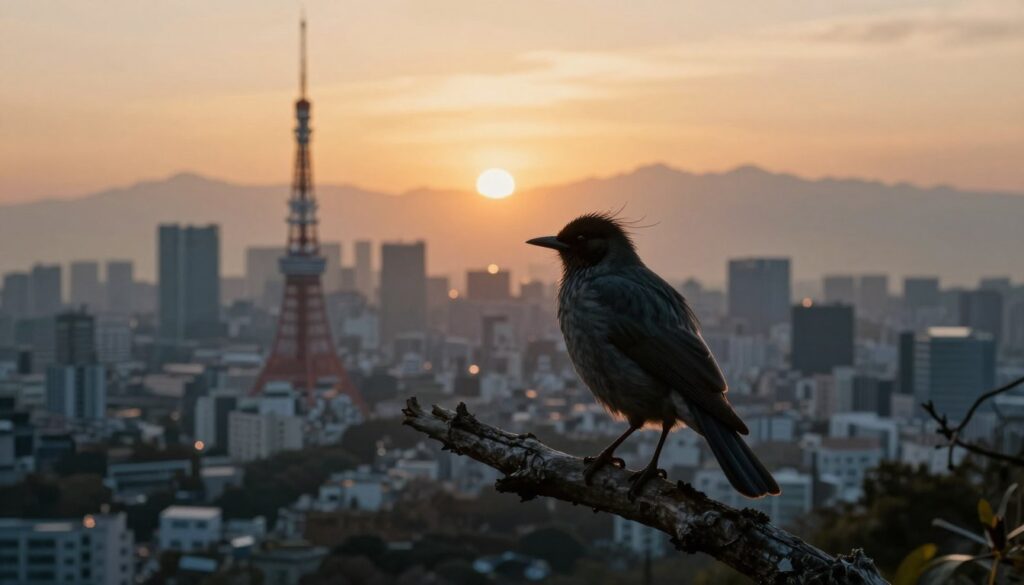 A dramatic scene inspired by the Netflix film "Earthquake Bird." In the foreground, a solitary, alert bird perched on a twisted branch, its feathers ruffled in a gentle breeze. The middle ground features a hazy silhouette of a bustling Tokyo, partly obscured by a soft, golden sunset. In the background, the skyline is juxtaposed against distant mountains, hinting at an impending natural event. The lighting casts warm hues across the scene, evoking a sense of tension and anticipation. The atmosphere is contemplative, reflecting the mysterious connection between nature and the environment. The image should be framed with a cinematic lens effect, highlighting the beauty and suspense of the moment without any text, disturbances, or human figures. A dramatic scene inspired by the Netflix film "Earthquake Bird." In the foreground, a solitary, alert bird perched on a twisted branch, its feathers ruffled in a gentle breeze. The middle ground features a hazy silhouette of a bustling Tokyo, partly obscured by a soft, golden sunset. In the background, the skyline is juxtaposed against distant mountains, hinting at an impending natural event. The lighting casts warm hues across the scene, evoking a sense of tension and anticipation. The atmosphere is contemplative, reflecting the mysterious connection between nature and the environment. The image should be framed with a cinematic lens effect, highlighting the beauty and suspense of the moment without any text, disturbances, or human figures.