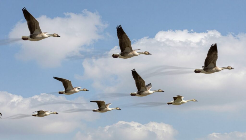 A dynamic depiction of birds flying in a V formation, showcasing the principles of aerodynamics and air currents. In the foreground, a diverse group of birds, such as geese and swans, are captured in mid-flight, their wings outstretched, creating a sense of motion. The middle ground features softly rippling air currents illustrated as visual waves to demonstrate airflow, harmoniously interacting with the birds. In the background, a clear blue sky with fluffy white clouds enhances the atmosphere of freedom and energy efficiency. Utilize natural lighting to highlight the birds' plumage and the translucent quality of the air. The angle should be slightly below, looking up at the formation, evoking a sense of awe and connectivity to nature. The mood is inspiring and educational, emphasizing the elegance of flight and energy conservation.