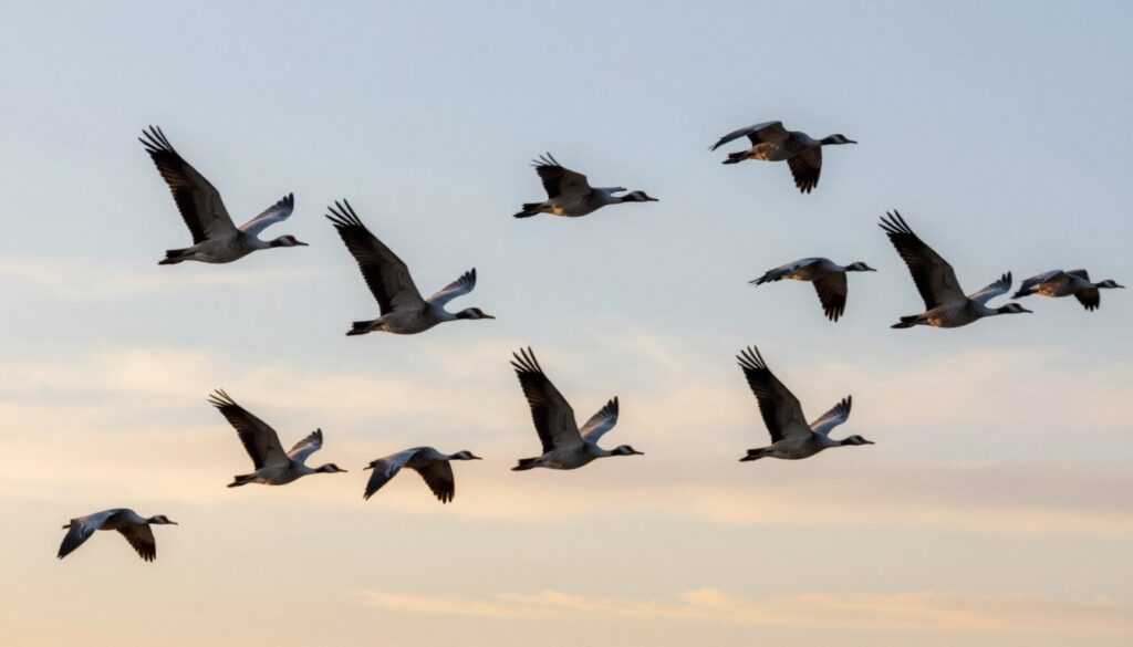 A dynamic scene depicting a flock of migratory birds in formation, illustrating the moment of leader change in a "V" shape. In the foreground, a few birds are slightly closer, showcasing their intricate feather patterns and distinctive markings. The middle layer captures the main body of the flock, with some birds skillfully adjusting their positions as the leader rotates. In the background, a soft sunset casts a golden hue across a clear sky, creating a serene atmosphere. The angle is slightly below eye level, emphasizing the gracefulness of the birds in flight. The image evokes the theme of teamwork and safety in migration, highlighting the significance of dynamics within the flock.