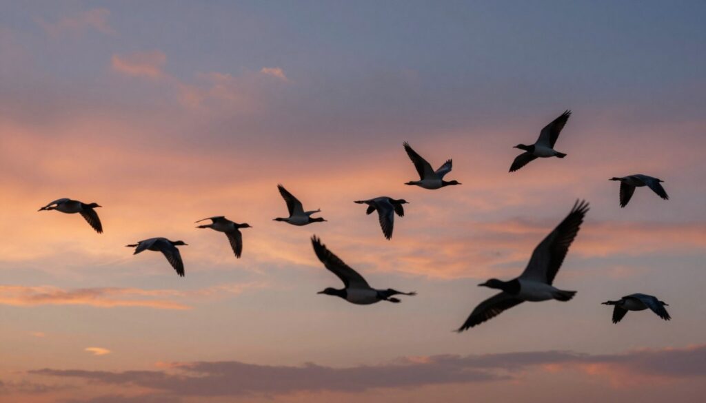 A dynamic scene showcasing a flock of birds in mid-flight, illustrating the concept of leader change within a migratory formation. The foreground features several birds transitioning elegantly in their positions, wings spread wide, creating a sense of movement. In the middle, the main group of birds is captured in a graceful V-shape, with some leaders slightly ahead, suggesting coordination and fluidity. The background captures a vibrant sky at dusk, with warm hues of orange and pink blending into a deep blue, and soft clouds adding depth to the atmosphere. The lighting is soft yet dramatic, highlighting the birds' feathers and casting subtle shadows, while a slight tilt of the camera angle gives the impression of soaring movement and freedom. The overall mood is one of harmony and natural beauty in motion. A dynamic scene showcasing a flock of birds in mid-flight, illustrating the concept of leader change within a migratory formation. The foreground features several birds transitioning elegantly in their positions, wings spread wide, creating a sense of movement. In the middle, the main group of birds is captured in a graceful V-shape, with some leaders slightly ahead, suggesting coordination and fluidity. The background captures a vibrant sky at dusk, with warm hues of orange and pink blending into a deep blue, and soft clouds adding depth to the atmosphere. The lighting is soft yet dramatic, highlighting the birds' feathers and casting subtle shadows, while a slight tilt of the camera angle gives the impression of soaring movement and freedom. The overall mood is one of harmony and natural beauty in motion.