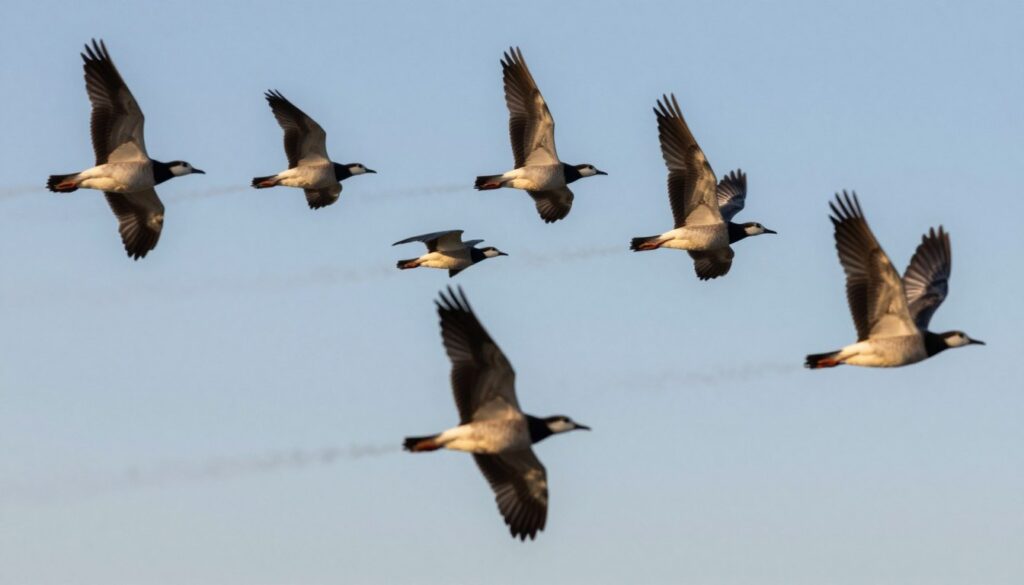 A flock of birds flying in a V-shaped formation, creating a dynamic display of aerodynamics and movement. In the foreground, depict several birds with their wings fully extended, illustrating the intricate patterns of air currents and wing rotation. The middle ground should showcase more birds in various positions within the formation, highlighting the concept of "pressure air tunnel" as they create visible aerodynamic trails. The background features a clear blue sky with soft, diffused sunlight illuminating the scene, casting gentle shadows on the birds' feathers. Capture the energy and teamwork of the flock, evoking a sense of harmony and efficiency in flight. The angle should be slightly elevated, looking down on the birds to portray the intricacies of their flight paths and interactions. A flock of birds flying in a V-shaped formation, creating a dynamic display of aerodynamics and movement. In the foreground, depict several birds with their wings fully extended, illustrating the intricate patterns of air currents and wing rotation. The middle ground should showcase more birds in various positions within the formation, highlighting the concept of "pressure air tunnel" as they create visible aerodynamic trails. The background features a clear blue sky with soft, diffused sunlight illuminating the scene, casting gentle shadows on the birds' feathers. Capture the energy and teamwork of the flock, evoking a sense of harmony and efficiency in flight. The angle should be slightly elevated, looking down on the birds to portray the intricacies of their flight paths and interactions.