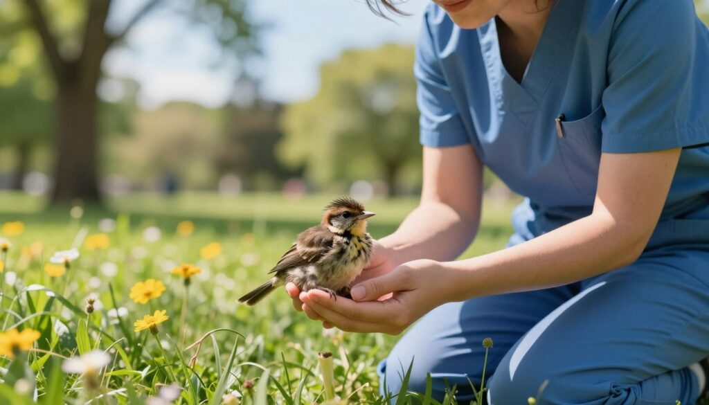 A gentle scene depicting a caring person in professional attire, kneeling down in a sunny park, providing first aid to a small injured bird. In the foreground, the bird is carefully cradled in their hands, showing visible signs of distress with fluffed feathers and an alert gaze. The middle ground features lush green grass and vibrant wildflowers, while the background showcases soft-focus trees and a clear blue sky, creating a warm and serene atmosphere. The lighting is soft and natural, suggesting a sunny afternoon, with dappled sunlight filtering through the leaves. The focus is sharp on the person and the bird, highlighting the tenderness of the moment and the urgent care provided. A gentle scene depicting a caring person in professional attire, kneeling down in a sunny park, providing first aid to a small injured bird. In the foreground, the bird is carefully cradled in their hands, showing visible signs of distress with fluffed feathers and an alert gaze. The middle ground features lush green grass and vibrant wildflowers, while the background showcases soft-focus trees and a clear blue sky, creating a warm and serene atmosphere. The lighting is soft and natural, suggesting a sunny afternoon, with dappled sunlight filtering through the leaves. The focus is sharp on the person and the bird, highlighting the tenderness of the moment and the urgent care provided.