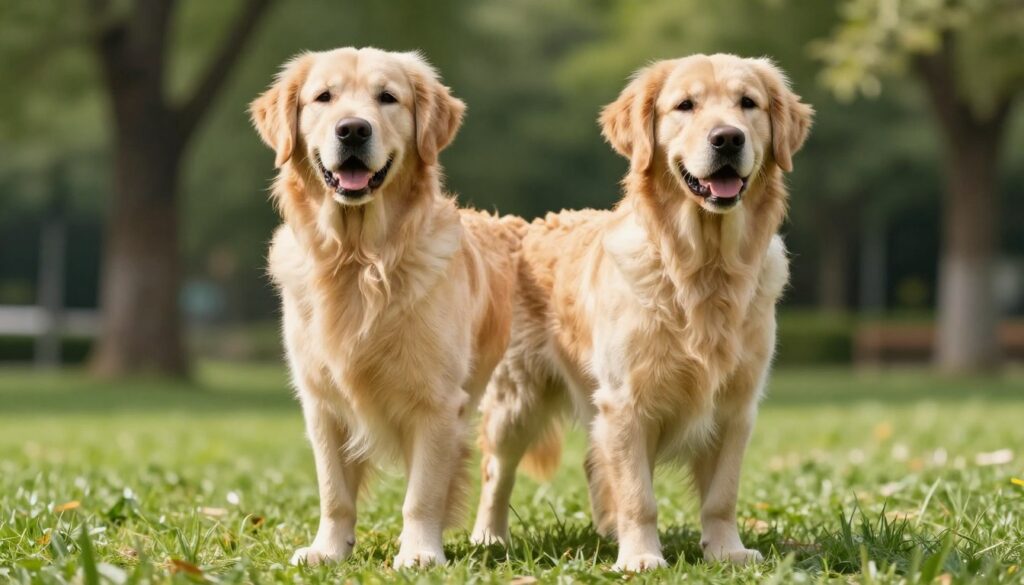 A healthy golden retriever standing and posing gracefully, showcasing its muscular build and well-defined silhouette. The dog is in a sunny park setting, with vibrant greenery in the background. The focus is on the golden fur glistening in the natural light, highlighting the breed's friendly expression and alert posture. The foreground features the dog's paws firmly planted on a grassy area, indicating strength and stability. The mood is lively and energetic, with soft sunlight creating a warm atmosphere. The image should be captured from a slight low angle that emphasizes the dog's stature, creating an inviting and uplifting scene. No text or additional elements are included.