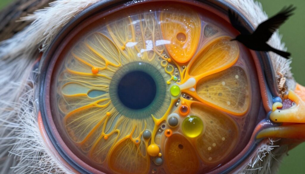 A highly detailed close-up of a bird's retina, showcasing the unique structure of its photoreceptors, including cones, rods, and oil droplets. The foreground features intricate layers of the retina with a vibrant color palette, illustrating advanced color perception, including ultraviolet sensitivity. In the middle ground, highlight a few of the specialized cone types, showcasing their varying shapes and sizes. The background should depict a blurred silhouette of a bird in flight, symbolizing its superior vision. Use soft but bright lighting to create contrast and emphasize the textures of the retina. The mood should be educational and awe-inspiring, reflecting the advanced visual capabilities of birds compared to humans. Avoid any text or logos in the image.