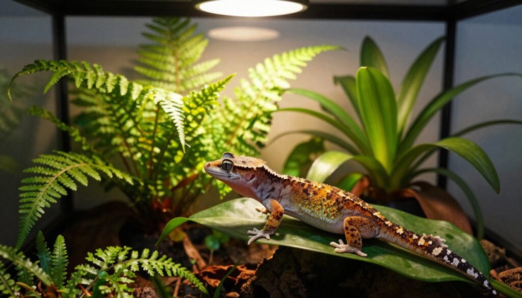 A lush, vibrant temperate terrarium showcasing a habitat for crested geckos. In the foreground, a detailed close-up of the gecko perched on a green leaf, with intricate patterns on its skin, illuminated by soft, warm light that highlights its textures. In the middle ground, various plants such as ferns and bromeliads create a dense, natural environment, with a small heat lamp above simulating a sun-like effect. The background features a subtle gradient of light filtering through a glass enclosure, suggesting a controlled, warm ambiance. The overall atmosphere is calm and inviting, emphasizing the importance of maintaining the right temperature for the gecko's well-being.