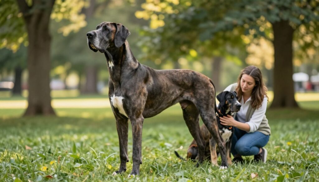 A majestic Great Dane standing tall in a lush green park, showcasing its regal stature and gentle demeanor. In the foreground, the dog is positioned dynamically, with a slight tilt of its head, exuding both strength and grace. In the middle ground, a caregiver, dressed in casual yet neat clothing, is kneeling beside the dog, interacting with it affectionately, illustrating the bond and care needed for this breed. The background features a sunny landscape with soft, dappled light filtering through the trees, creating a warm, inviting atmosphere. The image captures a sense of tranquility and responsibility, emphasizing the particular needs of the Great Dane as a loyal companion. Use a wide-angle perspective to enhance the spaciousness of the park.