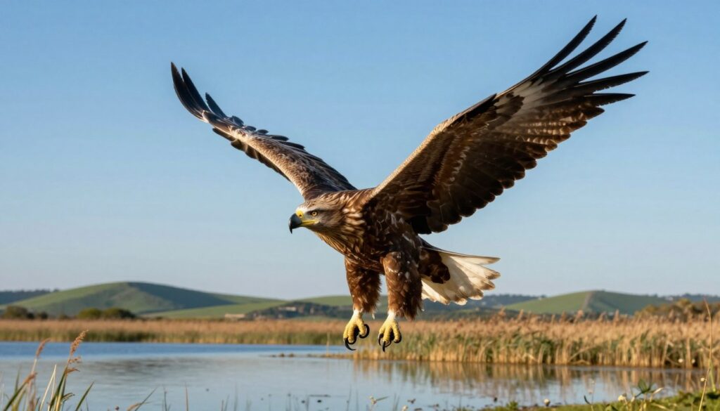A majestic bielik (white-tailed eagle) soaring gracefully against a clear blue sky, with its powerful wings spread wide, showcasing its impressive wingspan. In the foreground, detailed feathers are illuminated by the warm sunlight, highlighting the eagle's rich brown body and distinct white tail. The middle ground features a serene landscape of a Polish wetland, with reeds and calm waters reflecting the sunlight, emphasizing its natural habitat. The background boasts distant green hills under a vibrant atmosphere, suggesting the tranquility of the bielik's territory. The image captures a sense of awe and respect for this magnificent raptor, portraying the essence of strength and freedom in its natural environment. The composition is shot from a low angle, adding to the eagle's grandeur.
