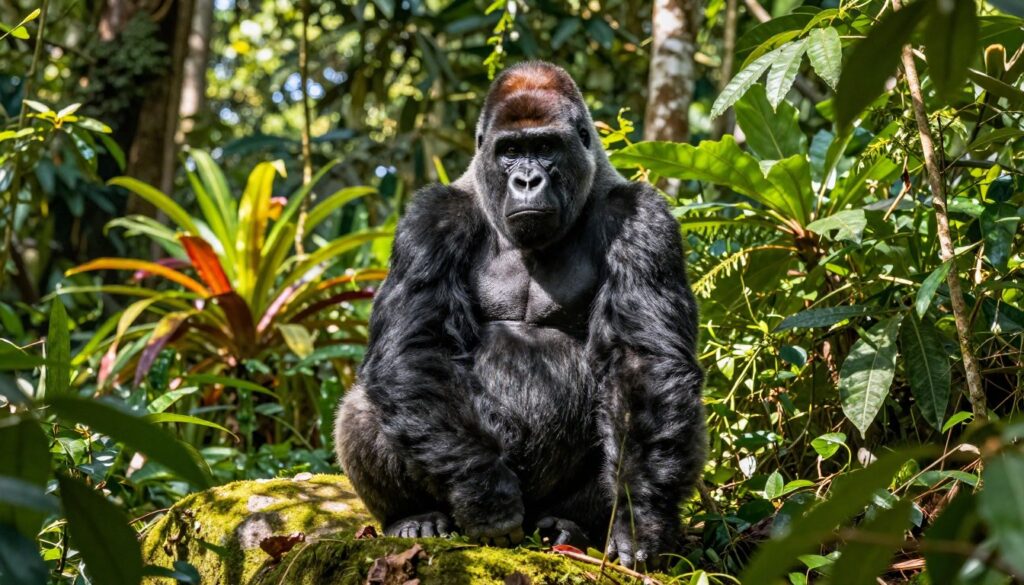 A majestic mountain gorilla in its natural habitat, surrounded by lush green foliage in a dense, tropical rainforest. The gorilla is depicted sitting calmly on a moss-covered rock, with its powerful build prominently displayed. Sunlight filters through the thick canopy above, casting dappled shadows on the forest floor and illuminating the gorilla’s expressive face. In the background, a variety of vibrant plants and distant trees enhance the serene atmosphere. The scene conveys a sense of tranquility and the untamed beauty of Africa. The angle is low, emphasizing the gorilla's dominance in its environment, aiming for a clear focus on its features and texture. The overall mood is peaceful yet majestic, showcasing the gorilla's wild essence.