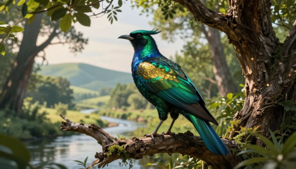 A majestic, mythical bird representing immortality, perched gracefully on a gnarled ancient tree branch in a lush, vibrant forest. Its feathers display an iridescent mix of deep emerald greens, rich blues, and hints of gold, shimmering in the soft sunlight filtering through the dense foliage. The bird gazes thoughtfully into the distance, embodying a sense of wisdom and longevity, with intricate details on its wings depicting age and resilience. In the background, a serene, softly blurred landscape of rolling hills and a tranquil river reflects the peaceful atmosphere of nature’s timelessness. The lighting is warm and inviting, enhancing the magical aura surrounding the bird, while the angle captures the bird from a slightly low perspective to convey its importance and grace. A majestic, mythical bird representing immortality, perched gracefully on a gnarled ancient tree branch in a lush, vibrant forest. Its feathers display an iridescent mix of deep emerald greens, rich blues, and hints of gold, shimmering in the soft sunlight filtering through the dense foliage. The bird gazes thoughtfully into the distance, embodying a sense of wisdom and longevity, with intricate details on its wings depicting age and resilience. In the background, a serene, softly blurred landscape of rolling hills and a tranquil river reflects the peaceful atmosphere of nature’s timelessness. The lighting is warm and inviting, enhancing the magical aura surrounding the bird, while the angle captures the bird from a slightly low perspective to convey its importance and grace.