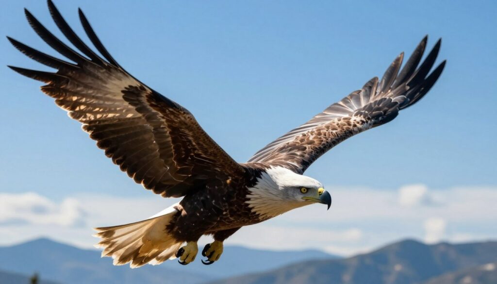 A majestic scene depicting the concept of lift in birds during flight. In the foreground, a close-up view of an eagle's wings, emphasizing the intricate structure of feathers and how they catch the air. The middle ground features the eagle soaring through a clear blue sky, with sunlight illuminating its wings, casting dynamic shadows beneath. The background shows distant mountains and clouds, creating a sense of vastness and freedom. The lighting is bright and vibrant, enhancing the feeling of uplift and motion. Capture the essence of aerodynamics, highlighting the interaction between the bird's wings and the surrounding air, showcasing the forces at play in flight. The mood is inspiring and awe-inspiring, reflecting the beauty and complexity of avian anatomy in action.