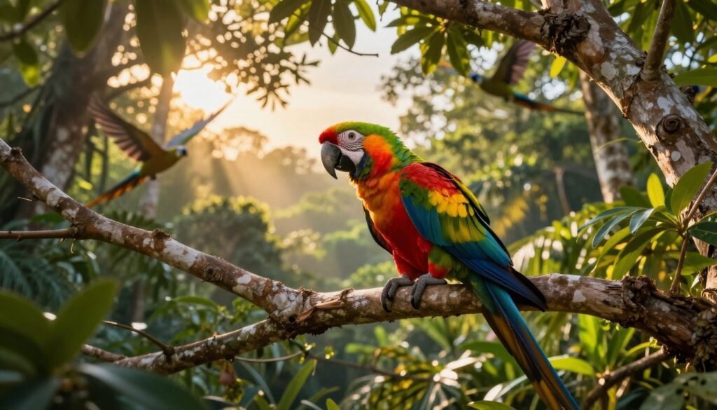 A majestic, vibrant parrot perched on an ancient tree branch, surrounded by lush tropical foliage. The foreground features the parrot displaying its colorful feathers—brilliant greens, reds, and yellows—glinting in the warm golden light of a late afternoon sun. In the middle ground, hints of other birds can be seen flitting through the dense leaves, suggesting the idea of longevity among avian species. The background showcases a soft-focus panoramic view of a serene forest canopy, with rays of sunlight filtering through the leaves, creating a tranquil and almost magical atmosphere. The overall mood is one of wonder and curiosity, evoking the mystique surrounding the myths of bird lifespans. Use a slightly elevated angle for a dynamic perspective. Ensure a rich color palette that enhances the beauty and allure of the scene. A majestic, vibrant parrot perched on an ancient tree branch, surrounded by lush tropical foliage. The foreground features the parrot displaying its colorful feathers—brilliant greens, reds, and yellows—glinting in the warm golden light of a late afternoon sun. In the middle ground, hints of other birds can be seen flitting through the dense leaves, suggesting the idea of longevity among avian species. The background showcases a soft-focus panoramic view of a serene forest canopy, with rays of sunlight filtering through the leaves, creating a tranquil and almost magical atmosphere. The overall mood is one of wonder and curiosity, evoking the mystique surrounding the myths of bird lifespans. Use a slightly elevated angle for a dynamic perspective. Ensure a rich color palette that enhances the beauty and allure of the scene.