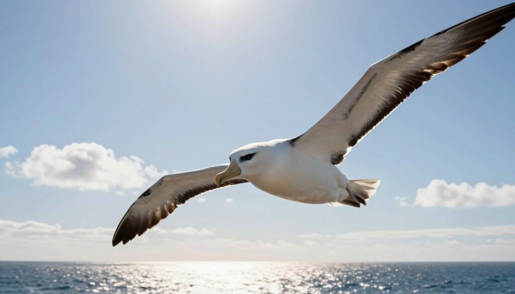 A majestic wandering albatross soaring gracefully through a clear blue sky, showcasing its impressive wingspan extended wide. The focus is on the bird in the foreground, with its distinctive white and grey feathers detailed against the sunlight. In the middle ground, a few fluffy white clouds can be seen, adding depth to the scene. The background features a tranquil ocean gently reflecting the sunlight, enhancing the serene atmosphere. The image captures the albatross in flight from a slightly low angle, emphasizing its incredible wingspan and the elegance of its movement. Soft natural lighting creates a warm glow, evoking a sense of freedom and wonder associated with these extraordinary birds. A majestic wandering albatross soaring gracefully through a clear blue sky, showcasing its impressive wingspan extended wide. The focus is on the bird in the foreground, with its distinctive white and grey feathers detailed against the sunlight. In the middle ground, a few fluffy white clouds can be seen, adding depth to the scene. The background features a tranquil ocean gently reflecting the sunlight, enhancing the serene atmosphere. The image captures the albatross in flight from a slightly low angle, emphasizing its incredible wingspan and the elegance of its movement. Soft natural lighting creates a warm glow, evoking a sense of freedom and wonder associated with these extraordinary birds.