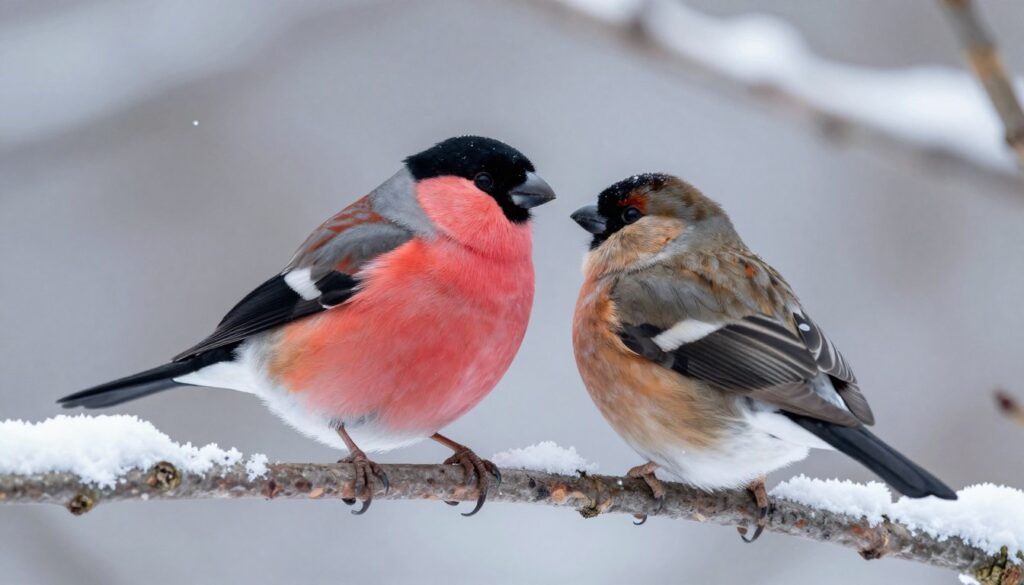 A male and female Eurasian bullfinch (Pyrrhula pyrrhula) perched on a snowy branch during winter. The male is vividly colored with a bright pink-red belly, black head, and contrasting white wing bars, while the female showcases softer hues of brown and gray with subtle hints of red in her underparts. The focus is on their differences in plumage. The background features a soft, blurred winter landscape with gently falling snowflakes, creating a serene atmosphere. The lighting is soft and diffused, mimicking early morning light, enhancing the colors of their feathers. The composition captures the birds in a natural, intimate moment, bringing attention to their contrasting colors and characteristics without any distractions.