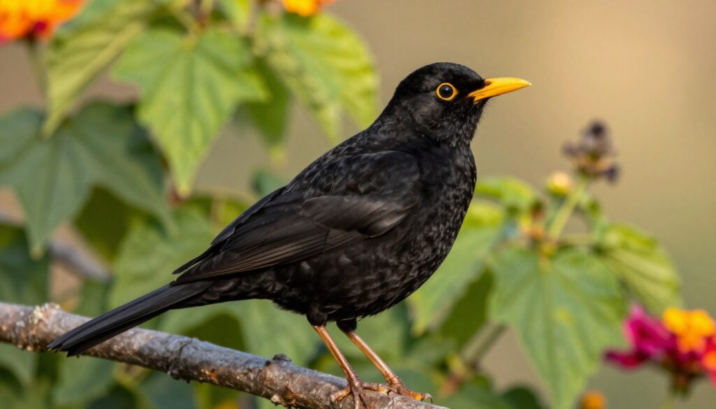 A male blackbird perched on a branch, showcasing its striking black plumage with a glossy sheen. The bird’s bright yellow beak stands out against its dark feathers, along with a distinctive yellow ring around its eye, enhancing its keen expression. The background features a lush garden setting, with vibrant green leaves and colorful flowers softly blurred to emphasize the bird. The scene is bathed in warm, soft morning light, creating a serene and inviting atmosphere. Capture the blackbird from a slightly angled low perspective, highlighting its profile and the beauty of its feathers while ensuring a clear view of its eye and beak. The overall mood should convey tranquility, showcasing the elegance and charm of this garden-dwelling bird. A male blackbird perched on a branch, showcasing its striking black plumage with a glossy sheen. The bird’s bright yellow beak stands out against its dark feathers, along with a distinctive yellow ring around its eye, enhancing its keen expression. The background features a lush garden setting, with vibrant green leaves and colorful flowers softly blurred to emphasize the bird. The scene is bathed in warm, soft morning light, creating a serene and inviting atmosphere. Capture the blackbird from a slightly angled low perspective, highlighting its profile and the beauty of its feathers while ensuring a clear view of its eye and beak. The overall mood should convey tranquility, showcasing the elegance and charm of this garden-dwelling bird.