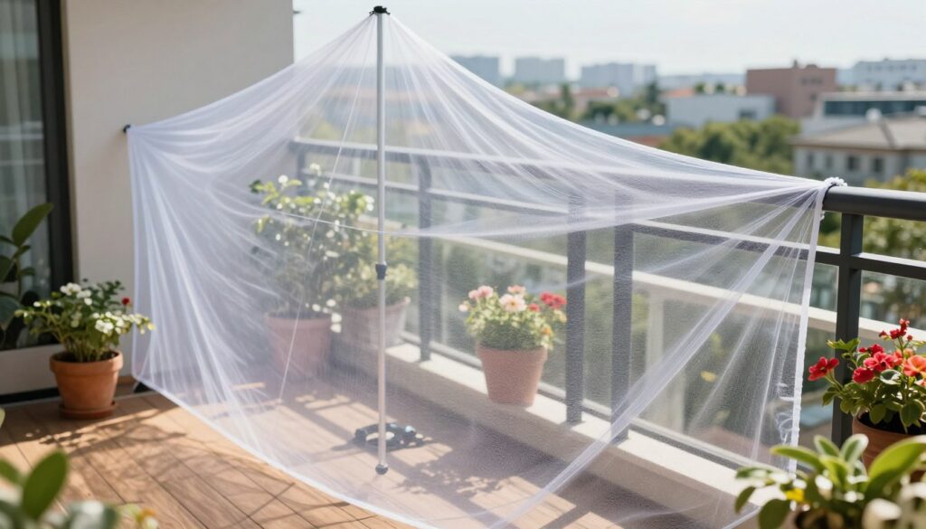 A modern balcony scene showcasing a balcony bird netting setup. In the foreground, a clear, well-fitted bird protection net is tightly secured around the balcony railing. It features fine mesh, effectively blocking the entrance for birds while remaining nearly transparent. The middle ground shows a cozy balcony adorned with potted plants, vibrant flowers, and wooden decking, hinting at a tranquil outdoor space. In the background, a soft blur of a cityscape under bright daylight enhances the atmosphere. The sunlight casts gentle shadows, and the overall mood is one of serenity and protection. The angle is slightly elevated, capturing both the balcony and the expansive view, emphasizing the importance of using bird nets in urban environments. A modern balcony scene showcasing a balcony bird netting setup. In the foreground, a clear, well-fitted bird protection net is tightly secured around the balcony railing. It features fine mesh, effectively blocking the entrance for birds while remaining nearly transparent. The middle ground shows a cozy balcony adorned with potted plants, vibrant flowers, and wooden decking, hinting at a tranquil outdoor space. In the background, a soft blur of a cityscape under bright daylight enhances the atmosphere. The sunlight casts gentle shadows, and the overall mood is one of serenity and protection. The angle is slightly elevated, capturing both the balcony and the expansive view, emphasizing the importance of using bird nets in urban environments.