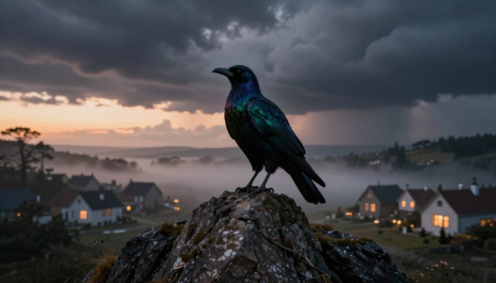 A mysterious, majestic bird perched atop a craggy cliff, its feathers iridescent in the fading twilight, signifying an ominous presence. The bird, large and regal, gazes down into the valley below, where dark clouds gather, suggesting an impending earthquake. In the background, a distant village is partially obscured by mist, with soft, eerie lighting emanating from the windows of the houses, creating a contrasting warm glow against the stormy sky. The atmosphere is tense and foreboding, with a dramatic sunset casting long shadows. Capture this scene with a low angle to emphasize the bird’s dominance and the swirling clouds above, using a soft focus to enhance the mood of suspense without losing detail. A mysterious, majestic bird perched atop a craggy cliff, its feathers iridescent in the fading twilight, signifying an ominous presence. The bird, large and regal, gazes down into the valley below, where dark clouds gather, suggesting an impending earthquake. In the background, a distant village is partially obscured by mist, with soft, eerie lighting emanating from the windows of the houses, creating a contrasting warm glow against the stormy sky. The atmosphere is tense and foreboding, with a dramatic sunset casting long shadows. Capture this scene with a low angle to emphasize the bird’s dominance and the swirling clouds above, using a soft focus to enhance the mood of suspense without losing detail.