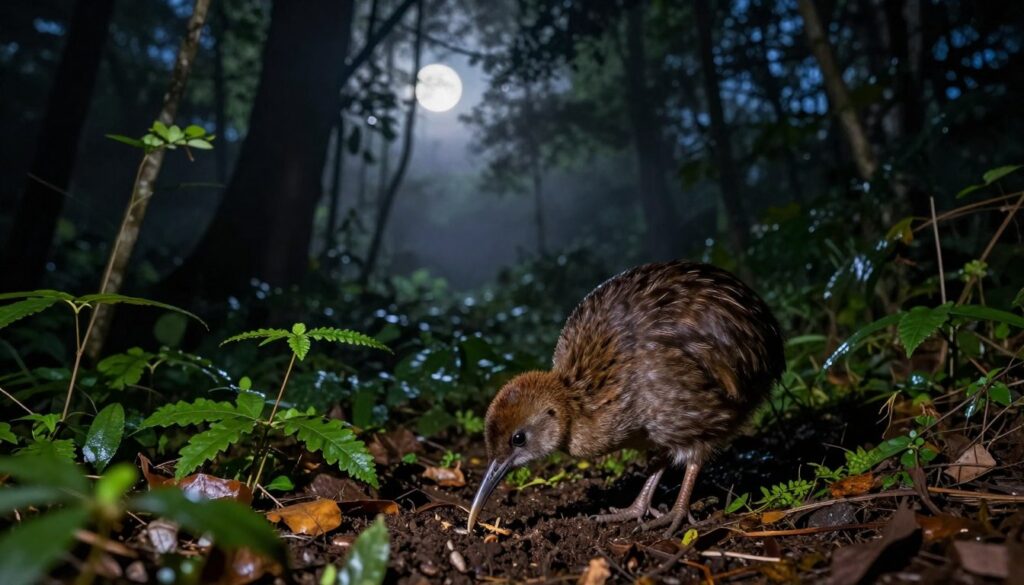 A nocturnal kiwi bird foraging in a lush, dense forest, illuminated by the soft glow of moonlight filtering through thick foliage. In the foreground, the kiwi is shown with its distinctive brown, hair-like feathers, extended beak searching through the rich soil for insects and worms. The middle ground captures hints of scattered leaves and small plants that highlight the kiwi's habitat while keeping focus on the bird. The background is dimly lit with silhouettes of tall trees, creating a mysterious, tranquil night atmosphere. A gentle mist adds depth, enhancing the nighttime setting, while the overall mood depicts the quiet solitude of the kiwi's nocturnal lifestyle. Shot with a wide-angle lens to emphasize the surroundings while keeping the kiwi in sharp focus. A nocturnal kiwi bird foraging in a lush, dense forest, illuminated by the soft glow of moonlight filtering through thick foliage. In the foreground, the kiwi is shown with its distinctive brown, hair-like feathers, extended beak searching through the rich soil for insects and worms. The middle ground captures hints of scattered leaves and small plants that highlight the kiwi's habitat while keeping focus on the bird. The background is dimly lit with silhouettes of tall trees, creating a mysterious, tranquil night atmosphere. A gentle mist adds depth, enhancing the nighttime setting, while the overall mood depicts the quiet solitude of the kiwi's nocturnal lifestyle. Shot with a wide-angle lens to emphasize the surroundings while keeping the kiwi in sharp focus.