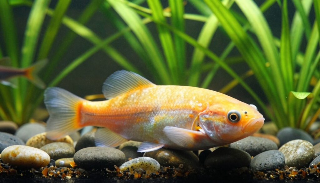 A peaceful aquarium scene featuring a bright, healthy bristlenose pleco (glonojad zbrojnik) resting on the substrate among smooth pebbles and lush, green aquatic plants. The fish is viewed from a slight angle, showcasing its distinctive rounded body and sucker-like mouth. Soft, dappled sunlight filters through the water, creating gentle reflections and highlighting the vibrant colors of the pleco's skin. In the background, some ambient water movement and blurred outlines of other fish can be seen, adding depth to the scene. The overall atmosphere is serene and calm, illustrating an ideal underwater habitat that promotes longevity for the bristlenose pleco. The focus is on the fish, emphasizing its health and the importance of a suitable environment.