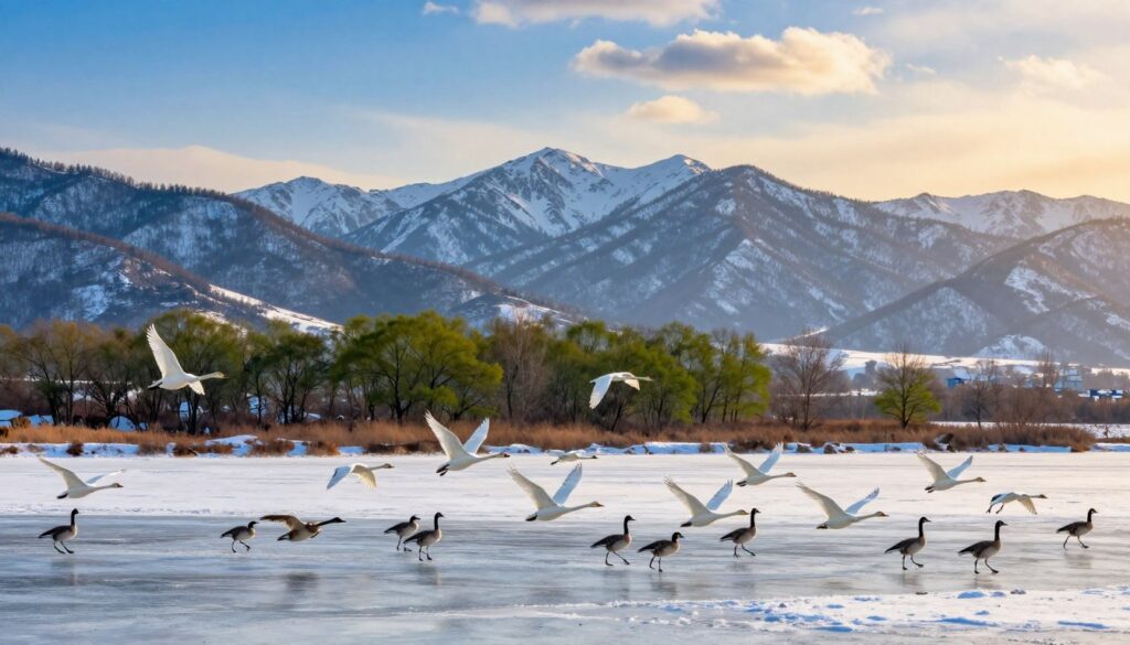 A picturesque winter landscape showcasing migratory birds in flight. In the foreground, a flock of various birds, including swans, cranes, and geese, gracefully soaring above icy waters, their wings spread wide. In the middle ground, a lush valley dotted with green trees contrasts the winter backdrop, suggesting warmer wintering grounds. The background consists of distant snow-capped mountains under a clear blue sky streaked with soft, golden sunlight, suggesting the time of sunrise or sunset. The atmosphere is tranquil yet vibrant, reflecting the beauty of migration. Capture this scene with a wide-angle lens to emphasize the scale and movement of the birds against the serene winter landscape. No text or watermarks present.