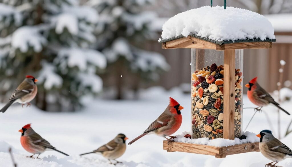 A picturesque winter scene featuring a variety of bird feeders in a serene backyard, blanketed in fresh snow. In the foreground, a close-up of a wooden bird feeder filled with seed mixes, nuts, and dried fruits, depicting the ideal winter food for birds. Several colorful birds, like cardinals and finches, happily feeding, showcasing their vibrant feathers against the white backdrop. In the middle ground, evergreen trees dusted with snow create a natural habitat, enhancing the winter atmosphere. The soft, diffused winter sunlight casts gentle shadows, creating a peaceful, inviting mood. Capture this scene with a slightly elevated angle to appreciate the details of both the birds and the feeding environment, emphasizing harmony with nature during winter. A picturesque winter scene featuring a variety of bird feeders in a serene backyard, blanketed in fresh snow. In the foreground, a close-up of a wooden bird feeder filled with seed mixes, nuts, and dried fruits, depicting the ideal winter food for birds. Several colorful birds, like cardinals and finches, happily feeding, showcasing their vibrant feathers against the white backdrop. In the middle ground, evergreen trees dusted with snow create a natural habitat, enhancing the winter atmosphere. The soft, diffused winter sunlight casts gentle shadows, creating a peaceful, inviting mood. Capture this scene with a slightly elevated angle to appreciate the details of both the birds and the feeding environment, emphasizing harmony with nature during winter.