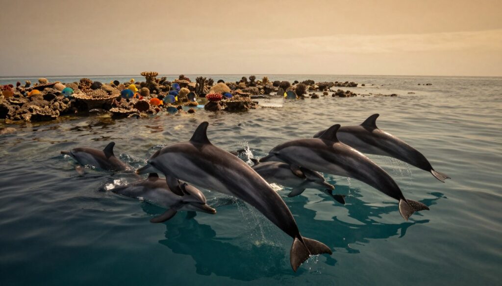 A poignant scene of dolphins swimming in a natural ocean environment, showcasing the beauty and elegance of these marine creatures. In the foreground, a group of dolphins gracefully leaps above the water, their sleek bodies glistening in the sunlight. In the middle ground, coral reefs and colorful fish illustrate a vibrant underwater ecosystem, symbolizing the natural habitat. The background features a serene horizon, where sunlight filters through the surface, creating a tranquil, yet slightly ominous atmosphere reflecting the threats dolphins face in the wild. The scene is illuminated by warm, golden hour lighting, enhancing the mood of both beauty and vulnerability, captured from a slightly elevated angle to showcase the dynamic movement of the dolphins. No text or watermarks present.