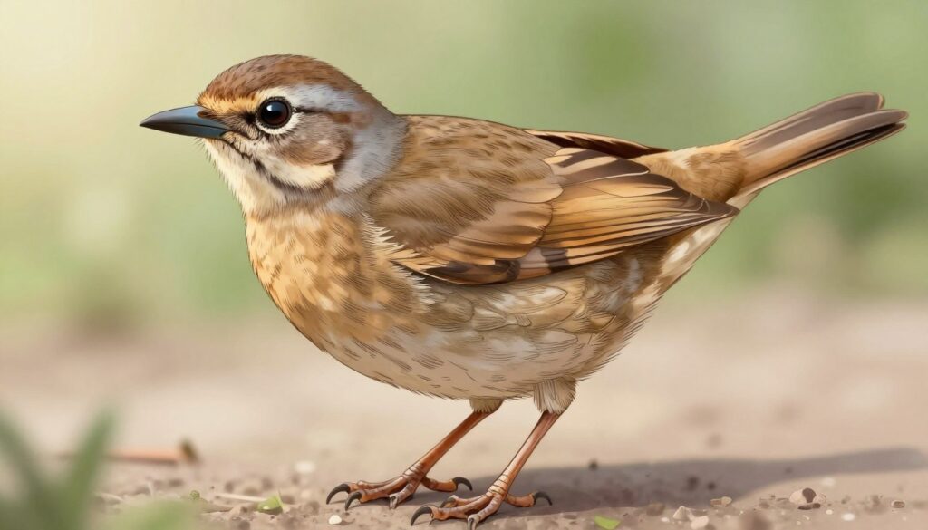 A realistic illustration of a bird's contour, showcasing intricate details like the beak, eye, feathers, and feet. The foreground highlights the bird's head and wing with fine lines depicting the texture of the feathers, capturing the softness and natural patterns. In the middle, the body of the bird is slightly turned to reveal the curvature of its form, while the legs are delicately positioned to suggest movement. The background is softly blurred, suggesting a serene outdoor environment with hints of greenery. Soft, natural lighting enhances the details and creates a warm atmosphere, reminiscent of early morning sunlight streaming through leaves. The angle is slightly elevated to emphasize the bird's profile, creating a dynamic view of its features in a calming, artistic style.