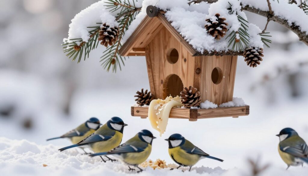 A rustic bird feeder hanging from a snowy tree branch, adorned with strips of lard, resembling “słonina”. In the foreground, a few colorful birds like blue finches and great tits are pecking at the lard, their bright feathers contrasting beautifully with the wintry whites and browns. The middle ground showcases the wooden bird feeder, intricately detailed, with pine cones and snowflakes gently accumulating around it. In the background, a soft winter landscape fades into a blurred white, evoking a serene, chilly atmosphere. The scene is illuminated by soft, diffused sunlight filtering through overcast skies, casting gentle reflections on the snow. Captured from a slightly low angle to emphasize the birds and feeder, creating an intimate, inviting mood of a winter wonderland.