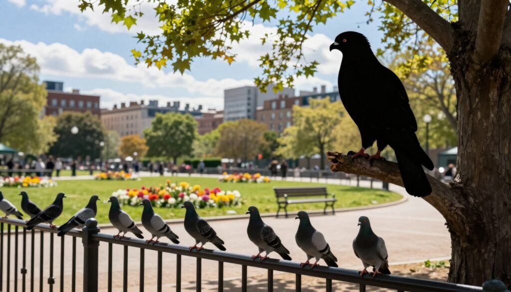 A scene depicting a peaceful urban park setting where pigeons are elegantly perched on a railing, appearing alert and slightly nervous. In the foreground, a realistic life-sized silhouette of a bird of prey, such as a hawk, is perched on a nearby tree branch, casting a shadow that cleverly enhances the sense of predation. In the middle ground, a well-maintained grassy area is dotted with vibrant flowers and a few park benches. The background features a soft-focus view of city buildings under a bright blue sky, with sunlight filtering through scattered clouds, creating a tranquil yet slightly tense atmosphere. The composition is captured from a slightly low angle, emphasizing the silhouette of the bird of prey, with a warm, natural color palette to evoke a sense of calm before action. A scene depicting a peaceful urban park setting where pigeons are elegantly perched on a railing, appearing alert and slightly nervous. In the foreground, a realistic life-sized silhouette of a bird of prey, such as a hawk, is perched on a nearby tree branch, casting a shadow that cleverly enhances the sense of predation. In the middle ground, a well-maintained grassy area is dotted with vibrant flowers and a few park benches. The background features a soft-focus view of city buildings under a bright blue sky, with sunlight filtering through scattered clouds, creating a tranquil yet slightly tense atmosphere. The composition is captured from a slightly low angle, emphasizing the silhouette of the bird of prey, with a warm, natural color palette to evoke a sense of calm before action.