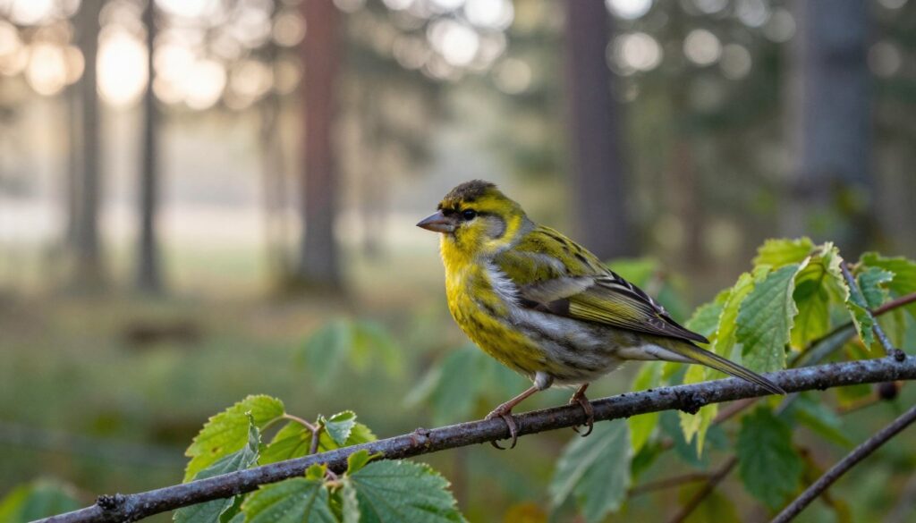 A serene Polish forest scene at dawn, featuring the charming Eurasian Siskin, known as "czyżyk," perched on a delicate branch. The foreground showcases the vibrant yellow and green plumage of the bird, with intricate feather details glistening in soft early morning light. In the middle, lush green foliage surrounds the siskin, providing a natural setting that highlights its habitat. The background displays a softly blurred landscape of tall trees and gentle sunlight filtering through the leaves, evoking a tranquil atmosphere. The image captures the essence of the siskin's environment, illustrating where these birds can be found in Poland, creating an inviting and peaceful mood.