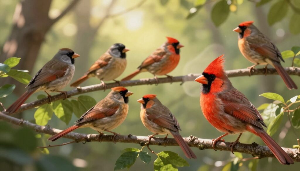 A serene and detailed illustration showcasing a variety of birds comfortably perched on branches in a sunlit forest setting, emphasizing their warm-toned feathers that reflect body heat. In the foreground, a vibrant cardinal with a striking red plumage, fluffed up against a faint breeze, highlights thermoregulation. In the middle, a group of small songbirds gathers, their feathers subtly glowing in the sunlight, exuding warmth and vitality amid lush green leaves. The background features soft-focus trees and gentle sunlight filtering through the canopy, creating a warm and inviting atmosphere. The lighting is soft and natural, enhancing the birds' colors and textures. The image captures a tranquil yet dynamic moment in nature, embodying the concept of avian warm-bloodedness, without any text or distractions. A serene and detailed illustration showcasing a variety of birds comfortably perched on branches in a sunlit forest setting, emphasizing their warm-toned feathers that reflect body heat. In the foreground, a vibrant cardinal with a striking red plumage, fluffed up against a faint breeze, highlights thermoregulation. In the middle, a group of small songbirds gathers, their feathers subtly glowing in the sunlight, exuding warmth and vitality amid lush green leaves. The background features soft-focus trees and gentle sunlight filtering through the canopy, creating a warm and inviting atmosphere. The lighting is soft and natural, enhancing the birds' colors and textures. The image captures a tranquil yet dynamic moment in nature, embodying the concept of avian warm-bloodedness, without any text or distractions.