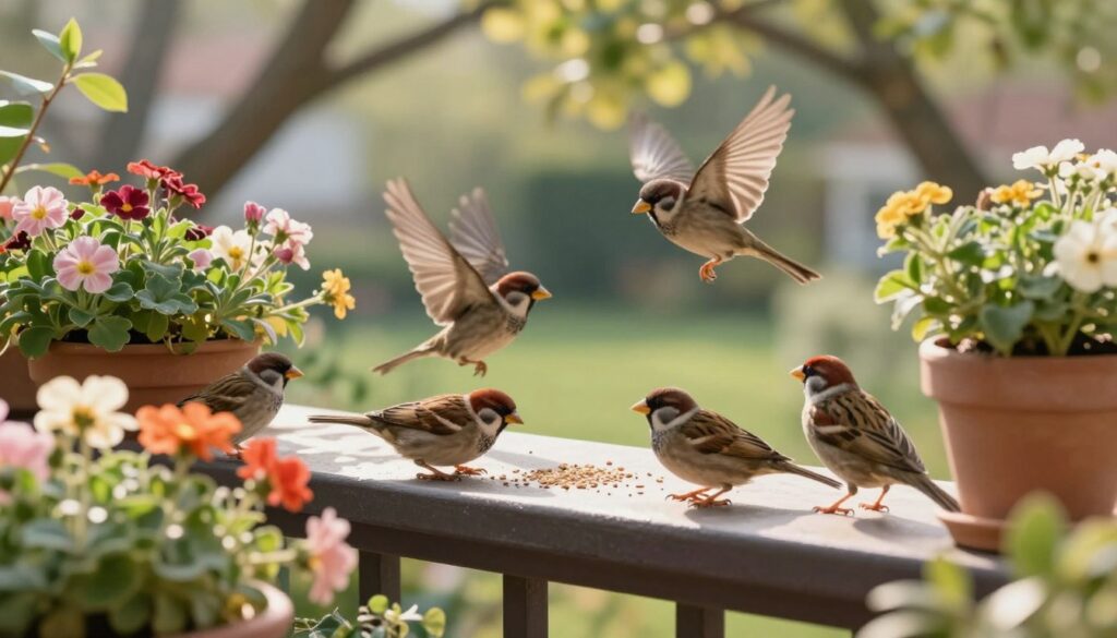 A serene balcony scene featuring a variety of birds, such as sparrows and finches, perched comfortably among blooming potted plants. The foreground includes vibrant flowers and lush greenery, creating a lively atmosphere. In the middle ground, the birds are interacting with one another, some pecking at seeds scattered on the balcony floor, while others are flitting around playfully. The background showcases a soft-focus view of a tranquil garden, with warm daylight filtering through tree branches, casting gentle shadows. The overall mood is peaceful and harmonious, evoking a sense of nature's presence in urban living. Use natural lighting to create a warm and inviting feel, and shoot from a slightly elevated angle to capture the birds in detail without intruding on their space. A serene balcony scene featuring a variety of birds, such as sparrows and finches, perched comfortably among blooming potted plants. The foreground includes vibrant flowers and lush greenery, creating a lively atmosphere. In the middle ground, the birds are interacting with one another, some pecking at seeds scattered on the balcony floor, while others are flitting around playfully. The background showcases a soft-focus view of a tranquil garden, with warm daylight filtering through tree branches, casting gentle shadows. The overall mood is peaceful and harmonious, evoking a sense of nature's presence in urban living. Use natural lighting to create a warm and inviting feel, and shoot from a slightly elevated angle to capture the birds in detail without intruding on their space.