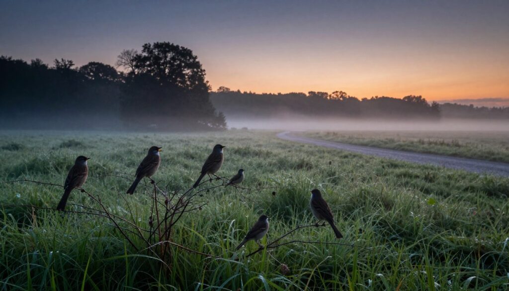 A serene early morning scene showcasing a lush, dew-kissed meadow before dawn, with soft hues of twilight blending into the horizon. In the foreground, a variety of birds perched on delicate branches, their silhouettes highlighted by the first light of day, each with distinct features to reflect their unique morning songs. In the middle ground, a gentle mist envelops the grass, while a winding path leads into the distance, inviting exploration. The background reveals dark trees against a navy sky transitioning to warmer colors, hinting at the imminent sunrise. The atmosphere is tranquil and contemplative, embodying a sense of awakening and anticipation. The lighting is soft and diffused, with a focus on natural beauty and the distinct sounds of early morning birdsong.