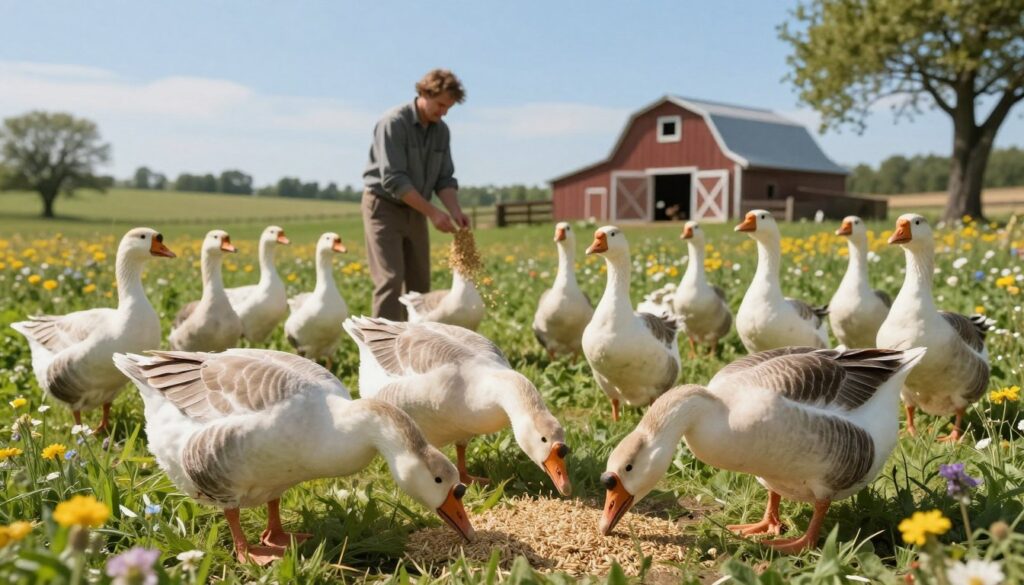 A serene farm scene depicting a healthy flock of domestic geese foraging in a lush, green pasture, surrounded by vibrant wildflowers and a clear blue sky. In the foreground, a couple of geese pecking at grains scattered on the ground, showcasing their natural feeding behavior. In the middle ground, a farmer in modest casual clothing gently spreading feed, emphasizing proper care and nutrition. The background features a picturesque barn and a few trees, with soft, warm sunlight casting gentle shadows, creating a peaceful and nurturing atmosphere. The composition should convey a sense of harmony and health in goose farming, focusing on their diet and well-being throughout the year.