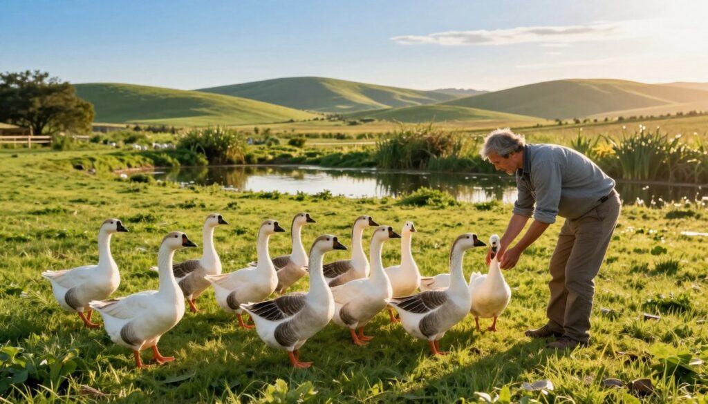 A serene farm setting featuring a healthy flock of geese in vibrant green pastures during golden hour. In the foreground, an attentive farmer in casual clothing gently interacts with the geese, showcasing a bond of care. The geese are plump and lively, showcasing their natural behavior while grazing and waddling. In the middle ground, a well-maintained pond reflects the warm light, surrounded by lush vegetation. The background offers gentle rolling hills under a clear blue sky, adding depth and tranquility to the scene. The warm, inviting light enhances the overall mood of well-being and nurturing. Focus on a wide-angle perspective to capture the harmonious relationship between the geese and their environment.
