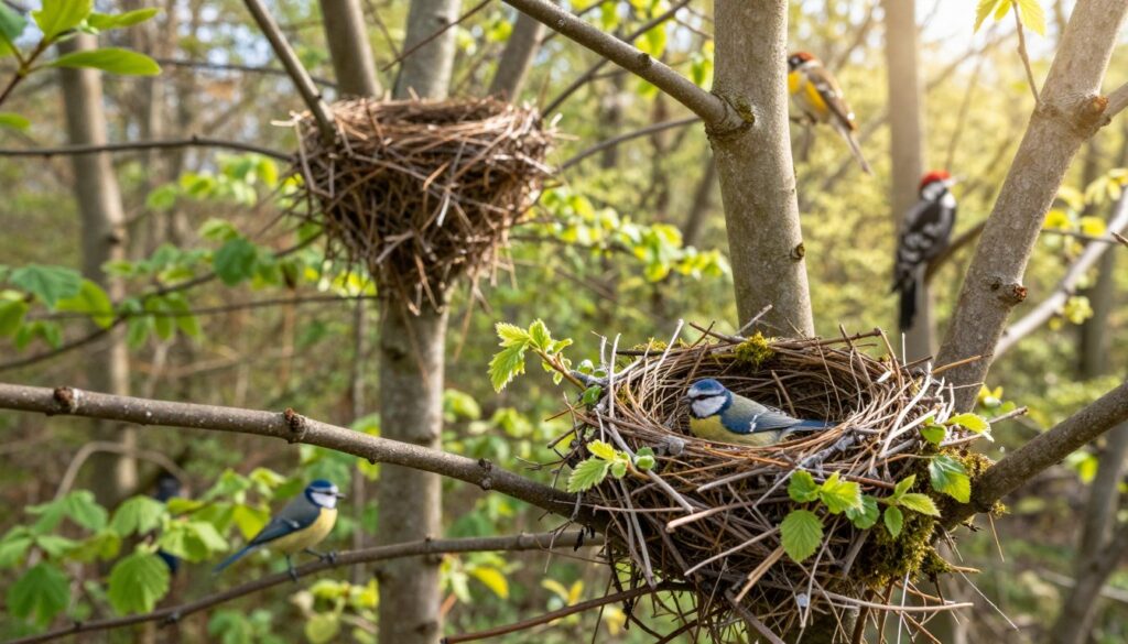 A serene forest scene featuring various types of bird nests intricately built among the branches of a lush tree. In the foreground, showcase a well-constructed nest of a blue tit, adorned with moss and twigs, blending harmoniously with delicate spring leaves. In the middle ground, depict a sturdy crow's nest, larger and more visible, with hints of feathers and small objects subtly incorporated into the structure. In the background, soft sunlight filters through the canopy, casting gentle shadows and illuminating additional nests of a sparrow and a woodpecker nestled on nearby branches. The atmosphere is peaceful and vibrant, evoking a sense of nature's intricate design and the beauty of avian architecture. Aim for a warm color palette with soft lighting to enhance the overall mood. A serene forest scene featuring various types of bird nests intricately built among the branches of a lush tree. In the foreground, showcase a well-constructed nest of a blue tit, adorned with moss and twigs, blending harmoniously with delicate spring leaves. In the middle ground, depict a sturdy crow's nest, larger and more visible, with hints of feathers and small objects subtly incorporated into the structure. In the background, soft sunlight filters through the canopy, casting gentle shadows and illuminating additional nests of a sparrow and a woodpecker nestled on nearby branches. The atmosphere is peaceful and vibrant, evoking a sense of nature's intricate design and the beauty of avian architecture. Aim for a warm color palette with soft lighting to enhance the overall mood.
