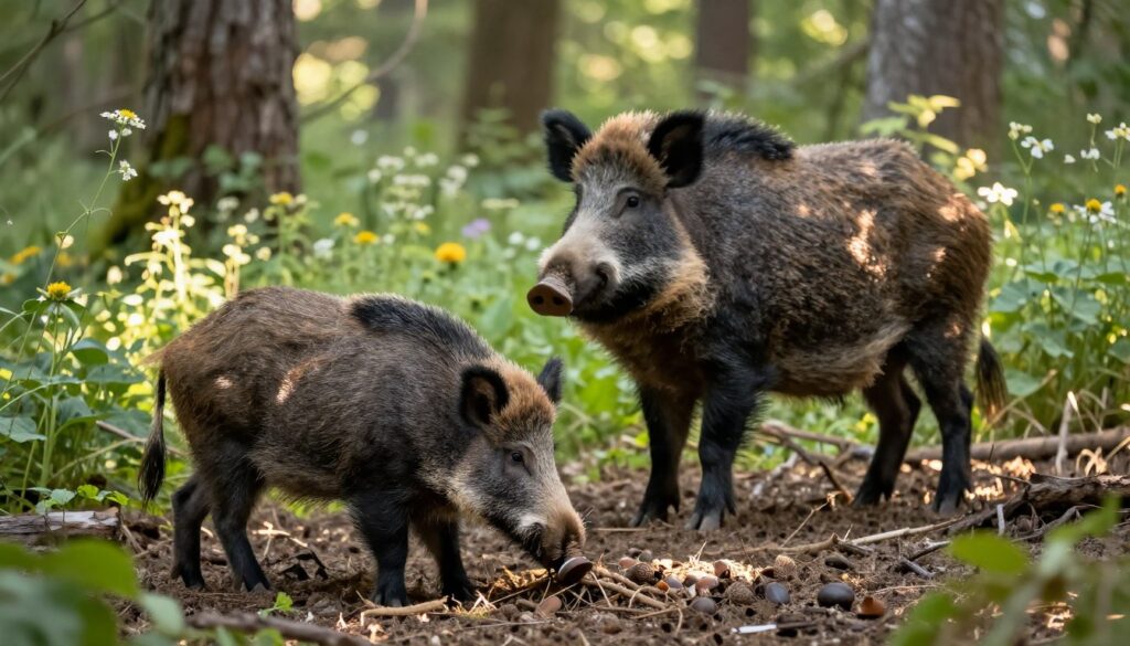 A serene forest setting captures the essence of wild boar life, showcasing a female wild boar (locha) and a male boar (samiec) in their natural habitat. In the foreground, depict the female boar foraging for roots and acorns, her sleek, dark fur glistening under dappled sunlight filtering through the trees. In the middle ground, the male boar stands watch, his sturdy frame displaying a mix of strength and authority as he protects their territory. The background features lush greenery with tall trees and wildflowers, emphasizing a vibrant ecosystem. Soft, warm lighting creates a calm atmosphere, evoking a moment of tranquility within the wild, while a slight haze adds depth to the scene. The composition should evoke a sense of harmony in nature, illustrating the unique lifestyles of these majestic animals. A serene forest setting captures the essence of wild boar life, showcasing a female wild boar (locha) and a male boar (samiec) in their natural habitat. In the foreground, depict the female boar foraging for roots and acorns, her sleek, dark fur glistening under dappled sunlight filtering through the trees. In the middle ground, the male boar stands watch, his sturdy frame displaying a mix of strength and authority as he protects their territory. The background features lush greenery with tall trees and wildflowers, emphasizing a vibrant ecosystem. Soft, warm lighting creates a calm atmosphere, evoking a moment of tranquility within the wild, while a slight haze adds depth to the scene. The composition should evoke a sense of harmony in nature, illustrating the unique lifestyles of these majestic animals.