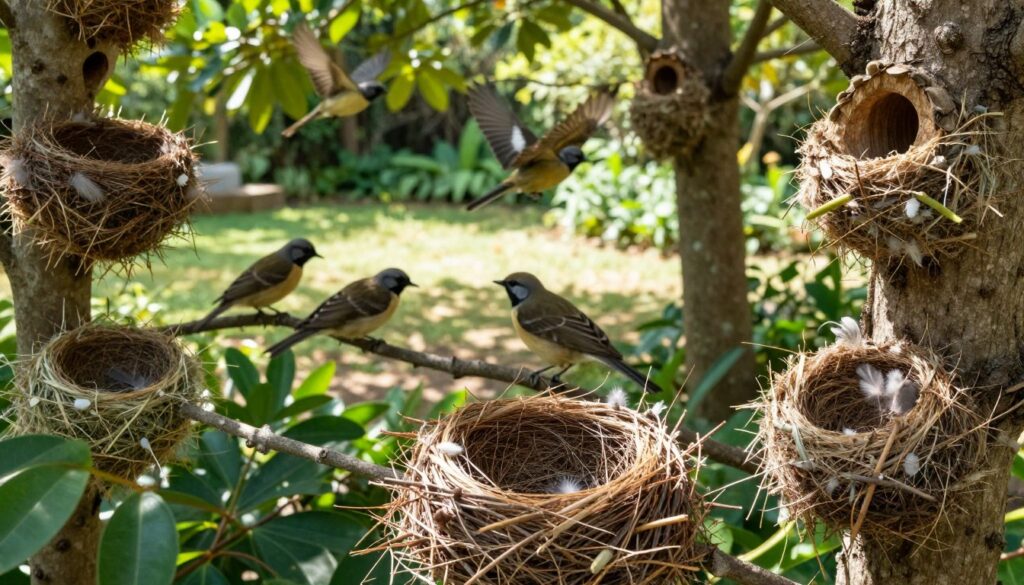 A serene garden scene capturing the essence of bird behavior, featuring a variety of bird nests and tree hollows in a lush, green environment. In the foreground, detailed close-ups of intricately woven nests, showcasing twigs, grasses, and feathers amidst vibrant foliage. The middle ground reveals a couple of birds perched on branches, engaging in foraging behaviors, while others are seen flying in and out of their nests. The background depicts soft sunlight filtering through the trees, creating dappled shadows on the ground, enhancing the tranquil atmosphere. The image aims for a warm, inviting feel, with natural colors and a slight depth of field that focuses on the nests and the birds, portraying their nesting and territorial behaviors vividly.