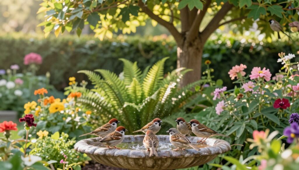 A serene garden scene featuring a birdbath positioned at the center, surrounded by vibrant flowers and lush greenery. In the foreground, colorful birds such as sparrows and finches gather at the birdbath, playfully splashing water. The middle ground includes a variety of plants, including ferns and blooming shrubs that attract the birds, while in the background, a tall tree offers shade and a place for birds to perch. Soft, warm sunlight filters through the leaves, creating dappled light patterns across the scene. The atmosphere is tranquil and inviting, conveying a sense of peaceful coexistence between nature and wildlife. The image should have a soft focus lens effect to enhance the gentle mood of a "bird oasis."