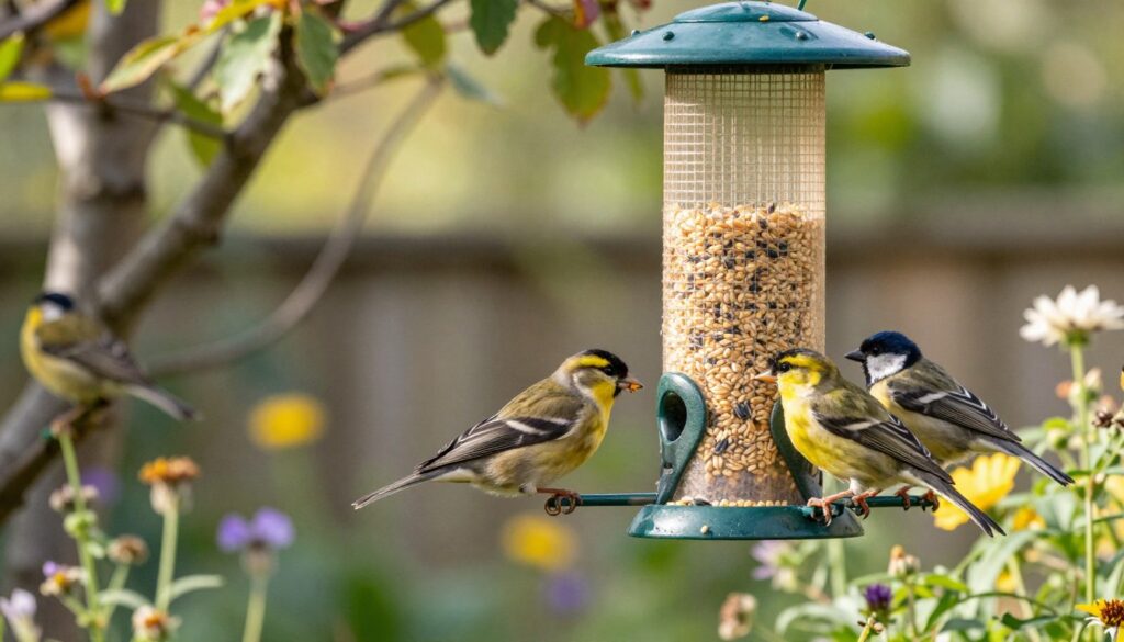 A serene garden scene featuring various bird species gathered around a stylish bird feeder. In the foreground, a vibrant goldfinch pecks at millet seeds, while a curious sparrow observes nearby. The middle ground showcases a wooden feeder filled with millet, surrounded by wildflowers and greenery. In the background, trees gently sway in the breeze under soft, dappled sunlight filtering through the leaves, creating a peaceful atmosphere. The setting should convey warmth and harmony, ideal for feeding birds. Use a slightly blurred background to emphasize the birds and the feeder in sharp focus, capturing the essence of bird feeding in a natural habitat. A serene garden scene featuring various bird species gathered around a stylish bird feeder. In the foreground, a vibrant goldfinch pecks at millet seeds, while a curious sparrow observes nearby. The middle ground showcases a wooden feeder filled with millet, surrounded by wildflowers and greenery. In the background, trees gently sway in the breeze under soft, dappled sunlight filtering through the leaves, creating a peaceful atmosphere. The setting should convey warmth and harmony, ideal for feeding birds. Use a slightly blurred background to emphasize the birds and the feeder in sharp focus, capturing the essence of bird feeding in a natural habitat.